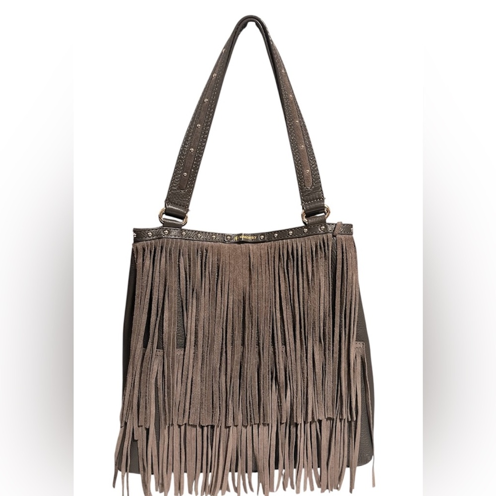 B. Makowsky Sienna Charcoal Gray Leather Shoulder Bag/Tote with Suede Fringe